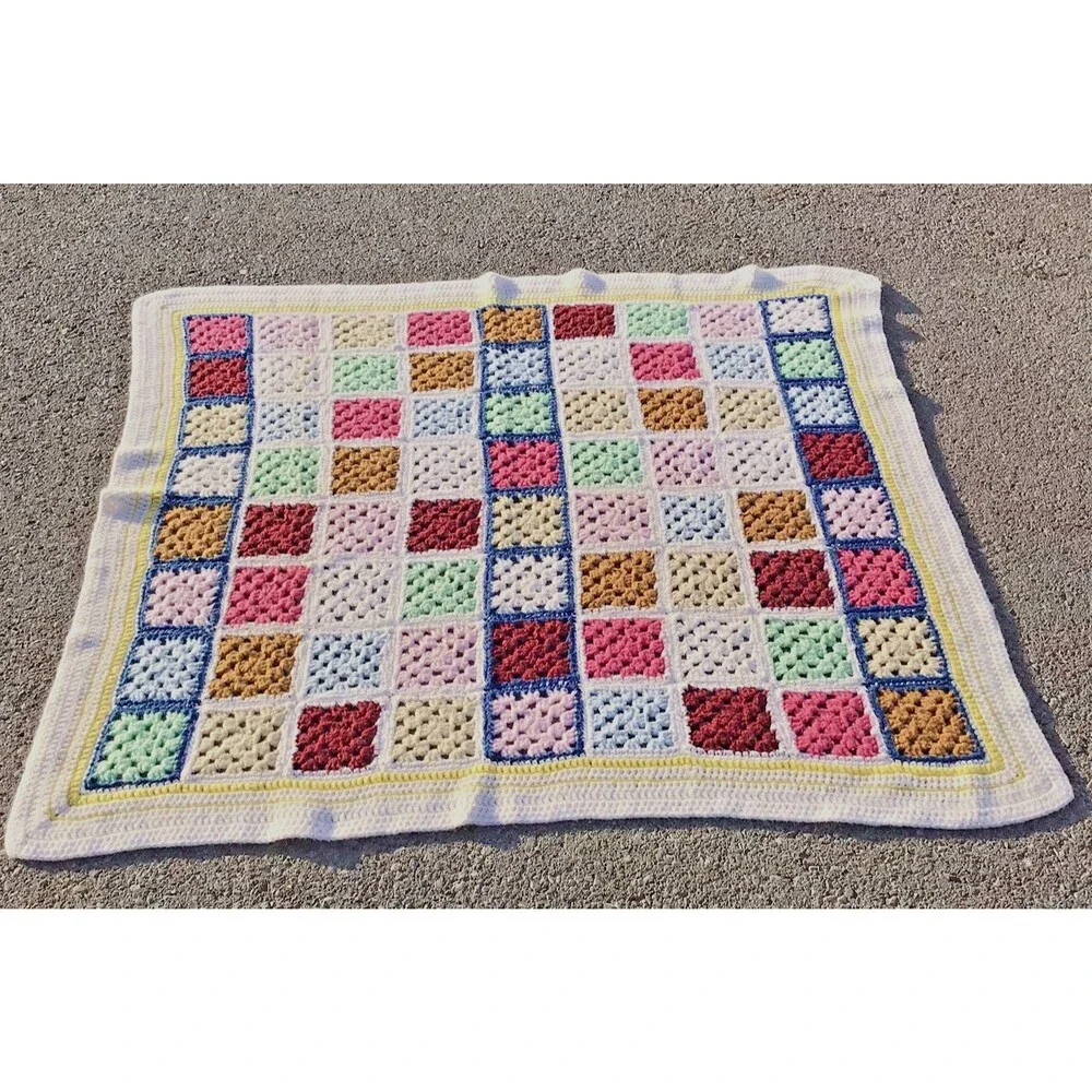 Vintage Granny Square Crochet Knit Afghan Throw Blanket Multicolor Border 4x4 ft - Picture 7 of 11